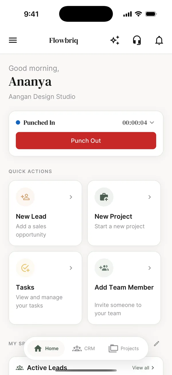 FlowBriq home screen showing a staff member punched in with a running timer and quick actions for new lead, new project and tasks