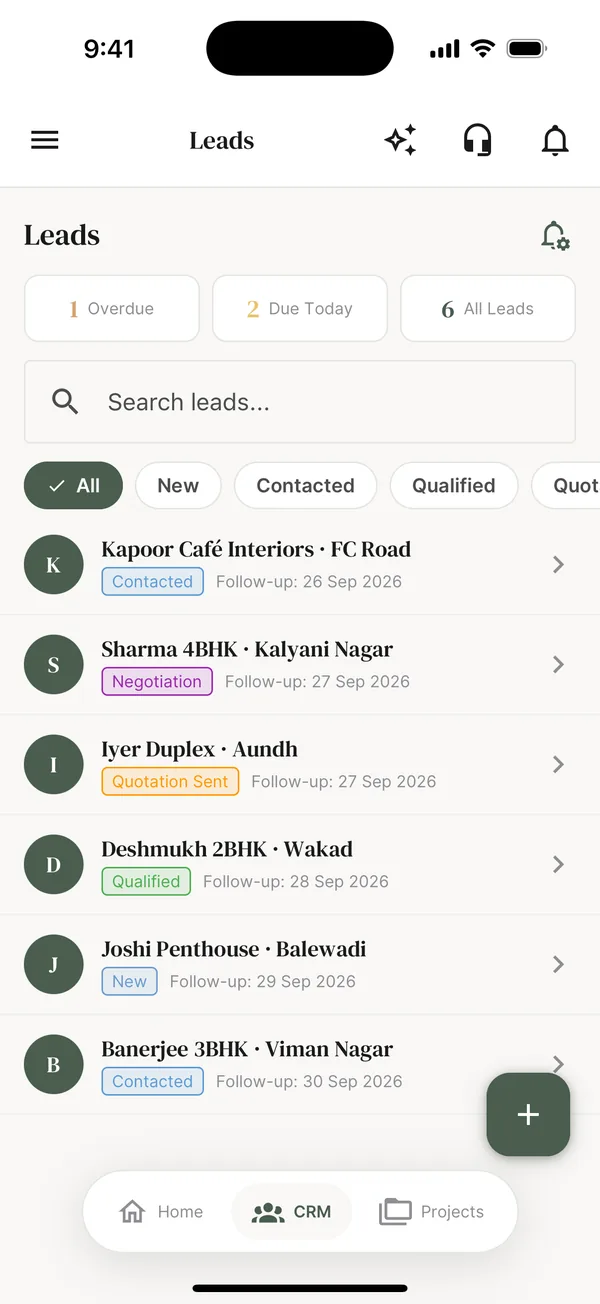 FlowBriq leads list with pipeline stages Contacted, Negotiation, Quotation Sent, Qualified and New, and follow-up dates