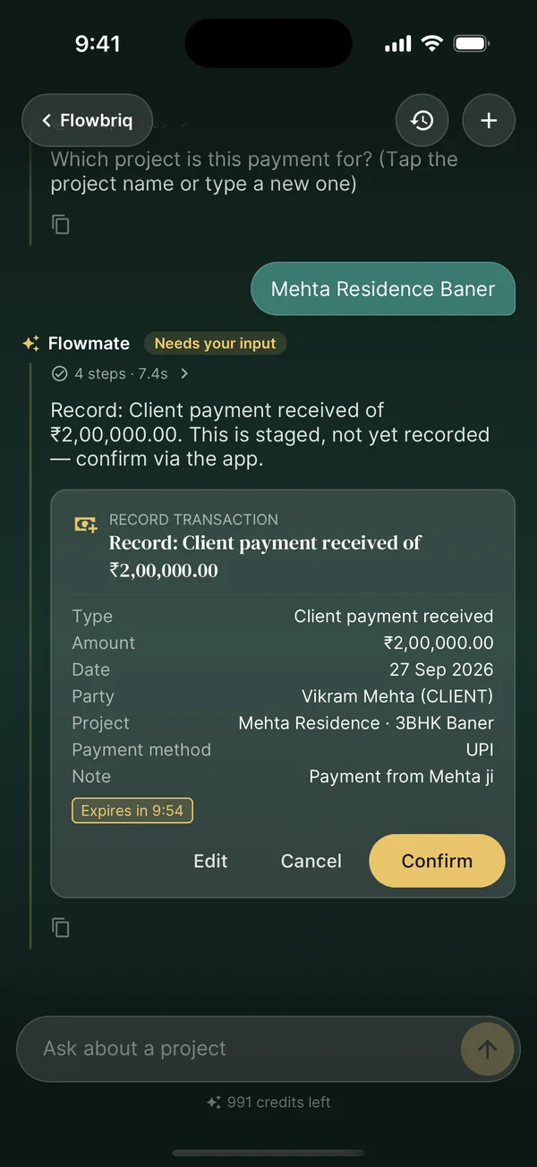Flowmate confirmation card for a ₹2,00,000 client payment by UPI on the Mehta Residence project, with Edit, Cancel and Confirm buttons