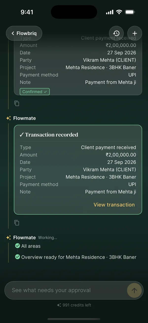 Flowmate showing the client payment recorded with a link to view the transaction