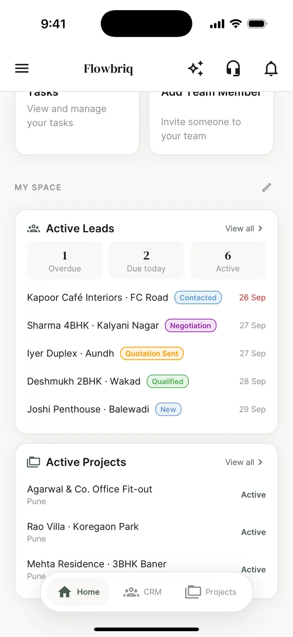 FlowBriq home screen showing active leads with follow-up dates and active interior projects
