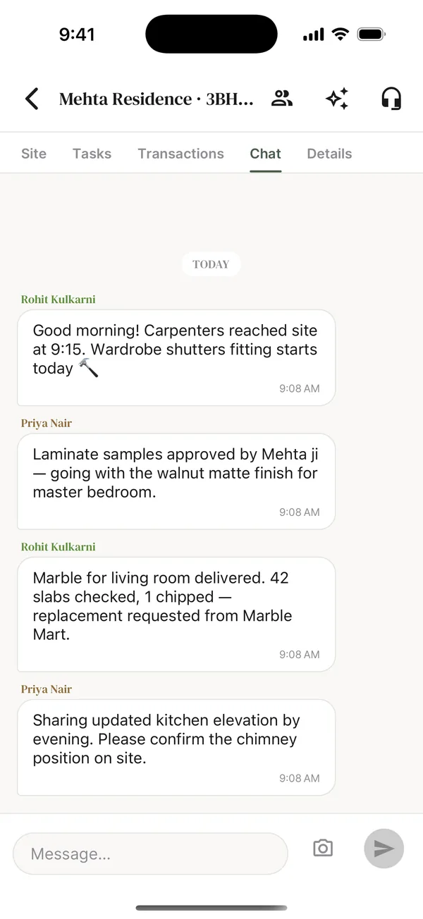 FlowBriq project chat with site updates about carpenters, laminate approval, marble delivery and kitchen elevation