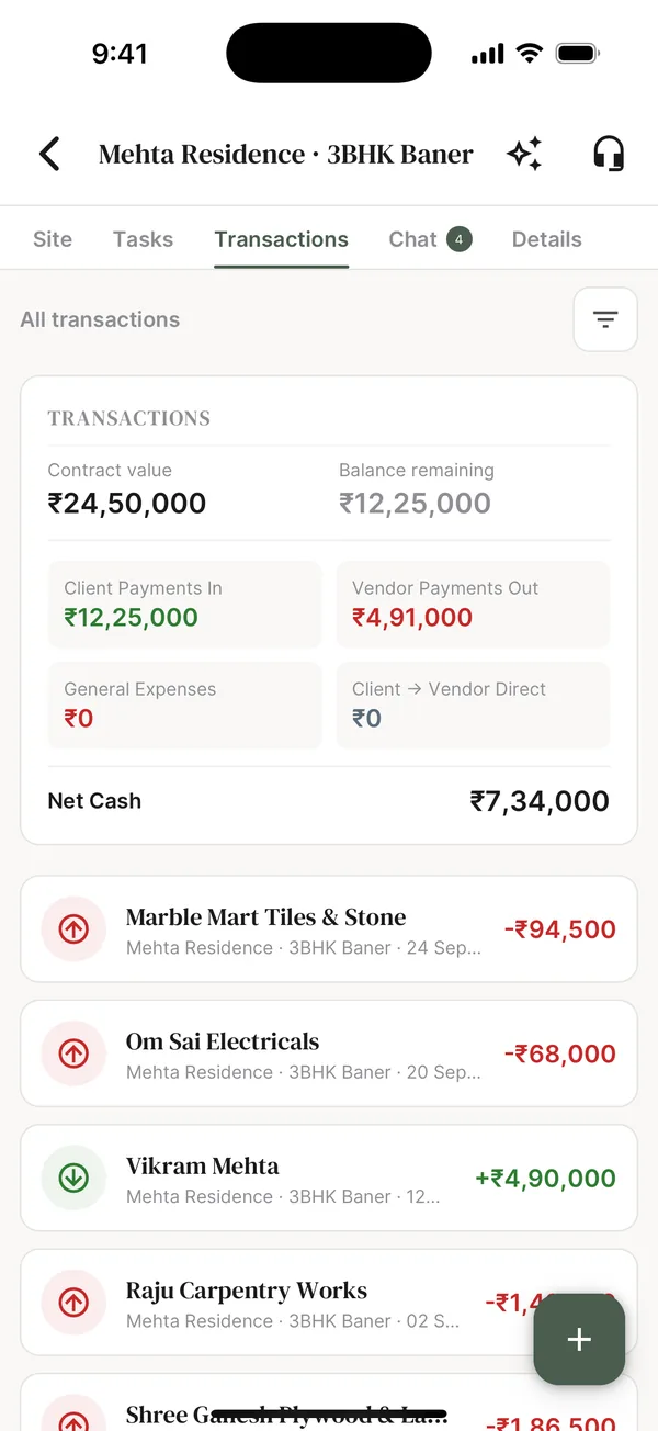 FlowBriq project transactions with ₹24,50,000 contract value, client payments in, vendor payments out and ₹7,34,000 net cash
