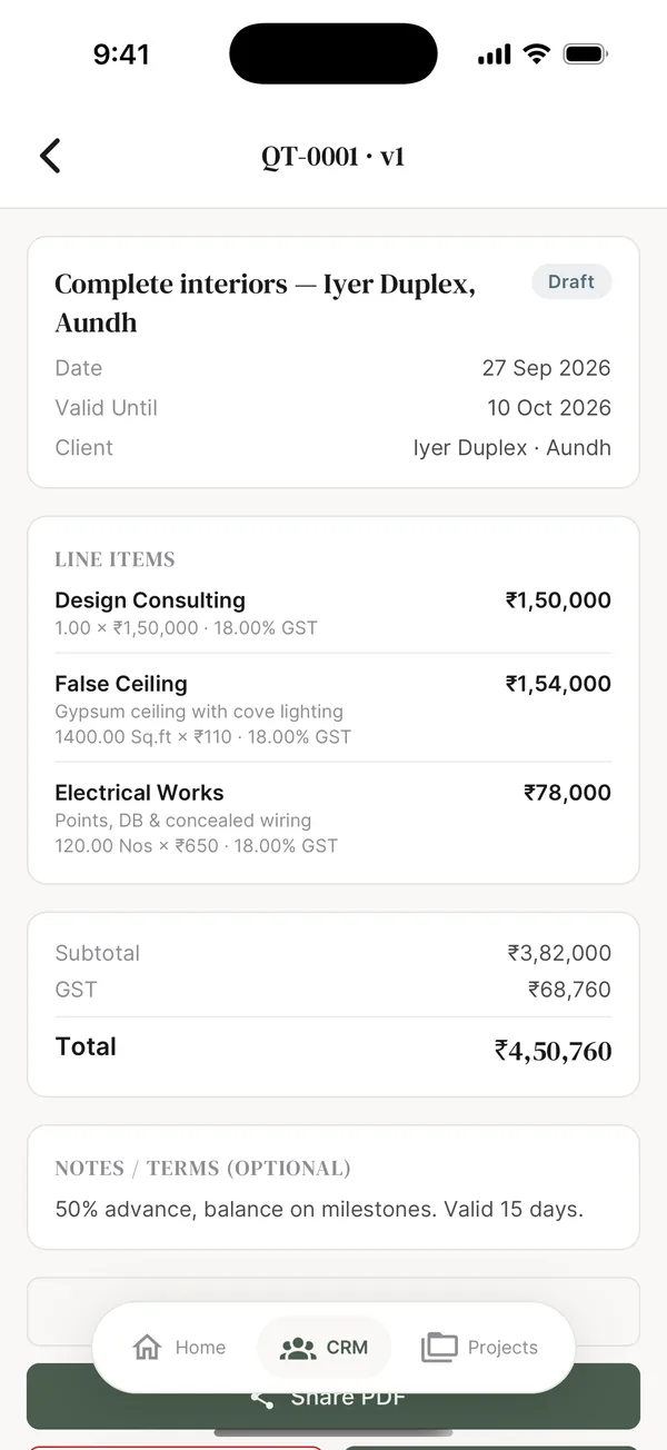FlowBriq quotation for an Iyer Duplex interior with line items for design consulting, false ceiling and electrical works, GST and a ₹4,50,760 total