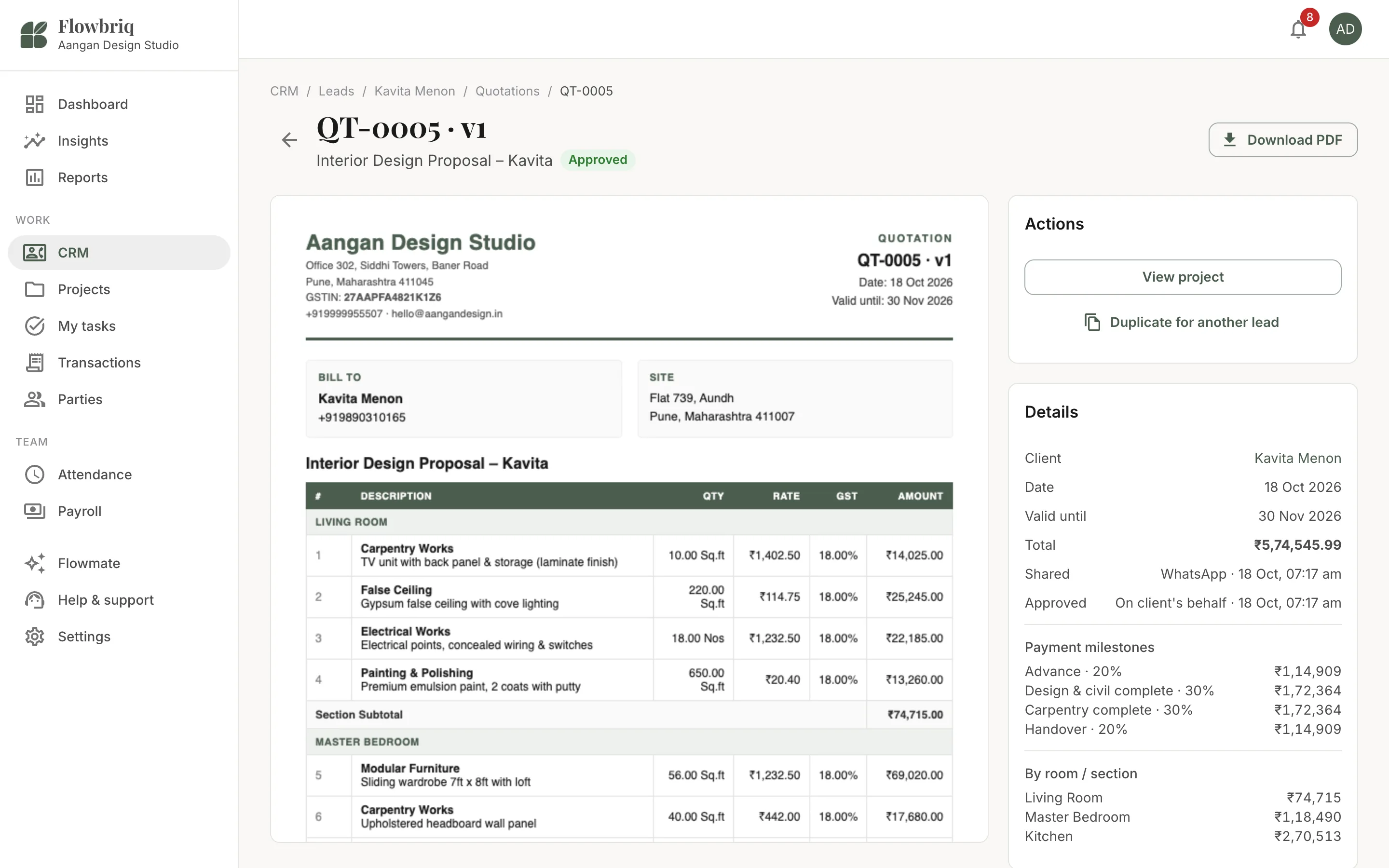 FlowBriq web quotation preview with room-wise line items, GST and total, ready to download as PDF or share with the client
